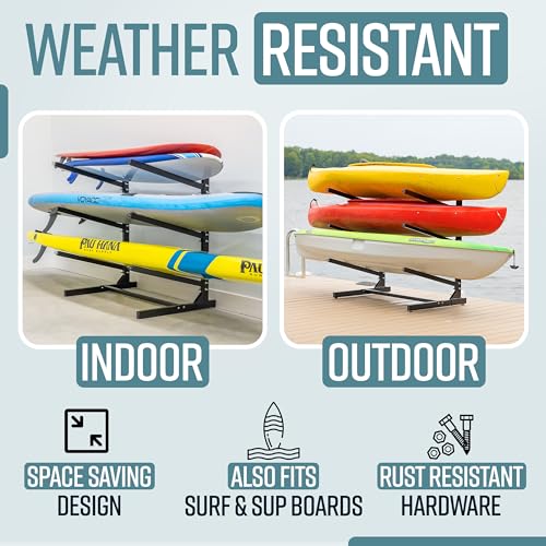 Teal Triangle Freestanding Kayak Storage Rack – 3 Kayak Rack & Canoe Rack – Indoor Outdoor Kayak – Adjustable Surfboard & ...