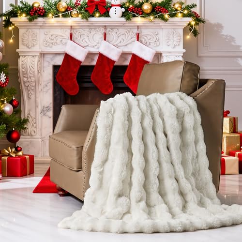 Lotus Karen Faux Fur Throw Blanket Cream White - Big Bubble Rabbit Fluff Blanket for Couch, Small Fluffy Fuzzy Cozy Blanke...