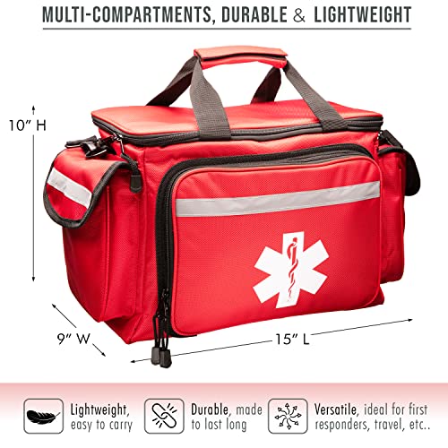 NOVAMEDIC Professional Red Empty Trauma First Aid Medical Bag, 15"x10"x9", Multi Compartment First Responder Carrier for E...
