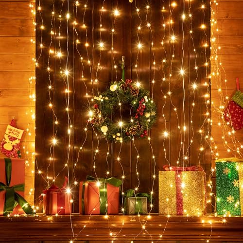 Tuanse 195 LED Curtain Tapestry Lights Backdrop String Lights, 6.5 x 5 Feet Hanging Fairy Curtain Light with 8 Lighting Mo...