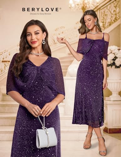 BeryLove Sequin Formal Cocktail Long Dress Evening Wedding Guest Mother of The Bride Dresses with Shawl