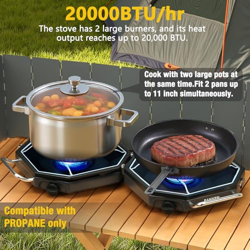 Camping Stove Propane, 2 Burner Camp Stove, 20,000 BTU Propane Camping Stoves, Portable Gas Stove with Windscreen, Storage...