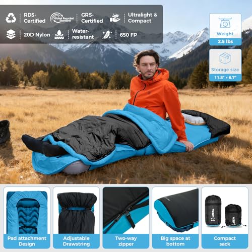 ATEPA Down Sleeping Bag for Adults, Recycled Ultralight 35°F 40°F 45°F 50°F 650FP / 700FP 3 Season Compact Sleeping Bags w...