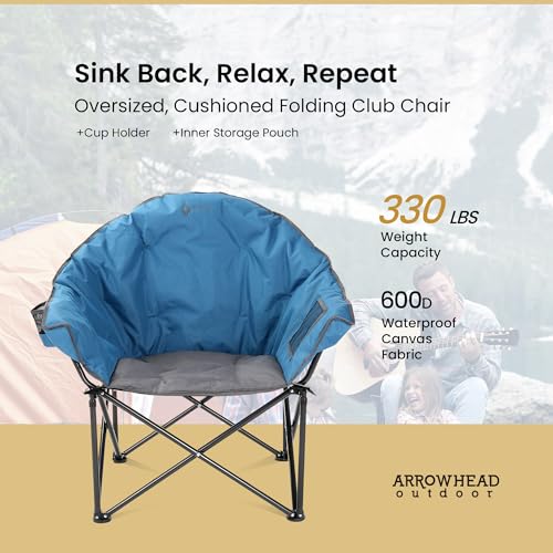 ARROWHEAD OUTDOOR Oversized Heavy-Duty Club Folding Camping Chair with Pocket, Cup Holder, Portable, Padded, Moon, Round, ...