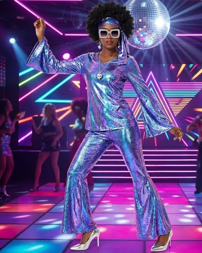 Jexine 70s Women Disco Outfit Costume Disco Party Top Pants Sunglasses Ball Necklace Earring Wig for Halloween New Year Eve