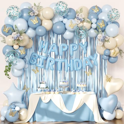 Blue Birthday Decorations, Dusty blue Sand White Confetti Foil Balloons Happy Birthday Banner Gold Butterfly Fringe Curtai...