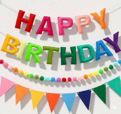 3D Happy Birthday Banner Set – Pre-Strung Reusable Rainbow Happy Birthday Decorations with Felt Ball Garland, Triangle Fla...