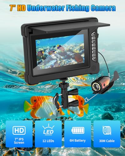 7-Inch Underwater Fishing Camera 1200TVL HD | 30M/98FT Cameras for Fishing with 6 White & 6 IR LEDs | IP68 Waterproof Ice ...