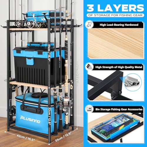 PLUSINNO 3 Tier Fishing Rod Holder, Fishing Pole Holders for Garage, Fishing Rod Rack Fishing Rod Storage Up to 8 Rods, Fi...