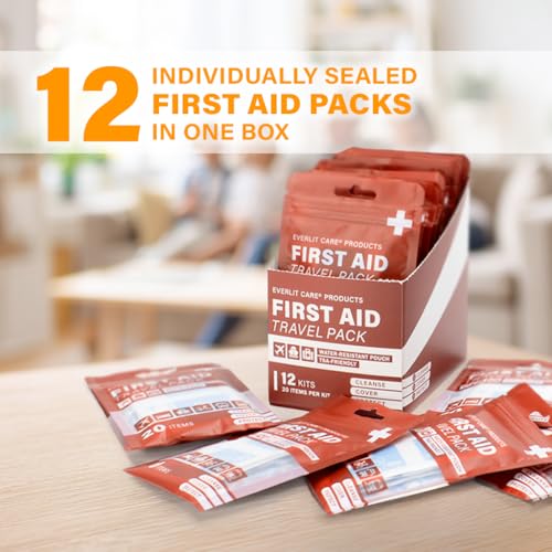 EVERLIT CARE Travel Bandage Pack | 12 Individual Packets, Bulk Portable Mini First Aid Kit with 20 On-The-Go Essentials | ...