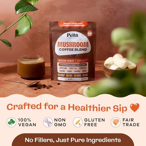 Pella Nutrition Organic Mushroom Instant Coffee (60 Servings) with 7 Superfood Mushrooms, Great Tasting, Includes Lion's Mane, Reishi, Chaga, Cordyceps, Shiitake, Maitake, and Turkey Tail