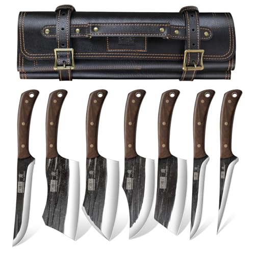 HOSHANHO Butcher Knife Set, Hand Forged Butcher Chef Knife Set with Roll Bag, Sharp Meat Cleaver Knife & Bone Chopper Kniv...