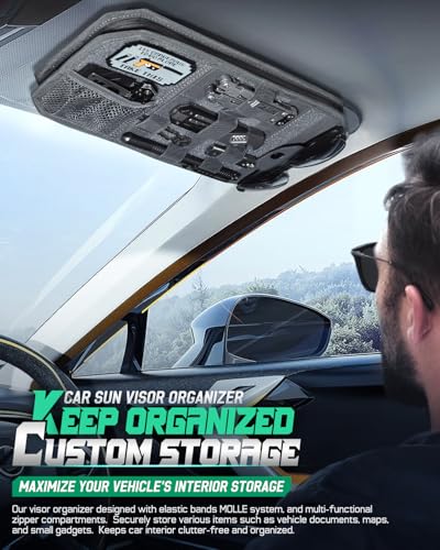 LIVANS Tactical Car Sun Visor Organizer, Automotive Semi-Rigid MOLLE Panel with Zipper Storage Pouch & Glasses Clip, Unive...