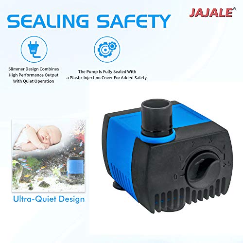 JAJALE 80 GPH Submersible Water Pump - Adjustable Quite Aquariums, Fountains, Hydroponics, and Pond Pump, 2.25 ft Lift, 4.5W