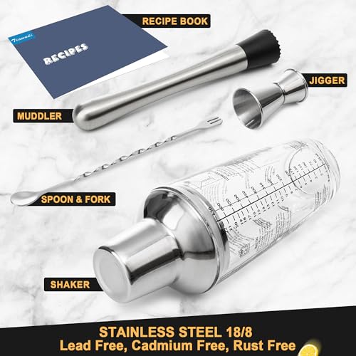 Tiawudi 23oz Glass Cocktail Shaker Set, 4PCS Bartender Kit, Martini Mixer Shaker with Built-in Strainer, Measuring Jigger,...