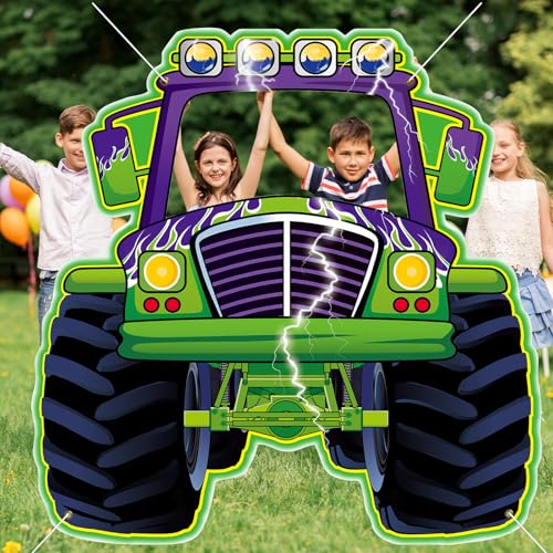 Monster Truck Photo Booth Props for Green and Purple Truck Party Supplies Large Monster Photo Background Games Polyester F...