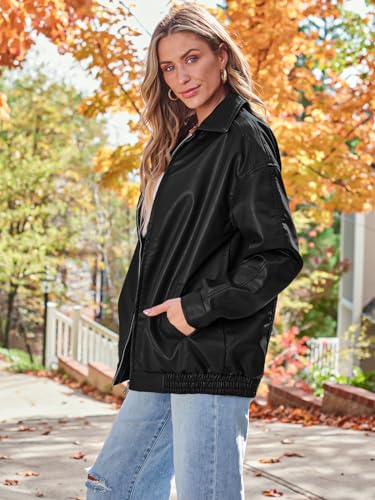 AUTOMET Women's Oversized Faux Leather Jacket - Fall Motorcycle Style Coat with Zipper Closure