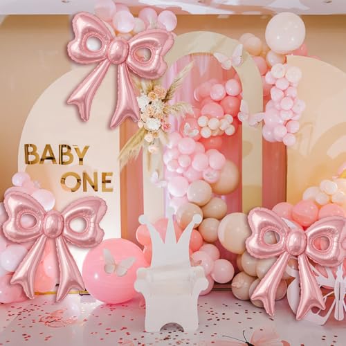 Pink Happy Birthday Balloons, 31”Huge Pink Bow Aluminum Foil Balloons for Girl Woman Birthday, Princess, Coquette Party De...