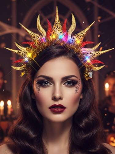 Lorealri Festive Sun Crown Light Up Headband, Gold and Red Glitter, LED Rave Party Costume Accessory for Women (Gold-Red ...