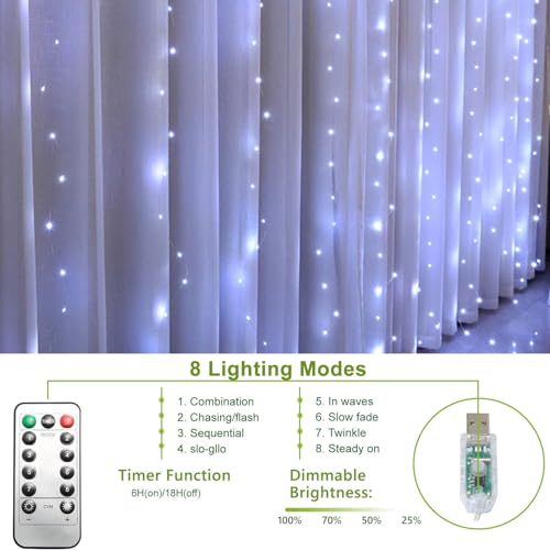 PUHONG Curtain String Lights, 300 LED Fairy Lights with 8 Light Modes, 9.8x9.8Ft Remote Controlled Plug-in Fairy String Li...