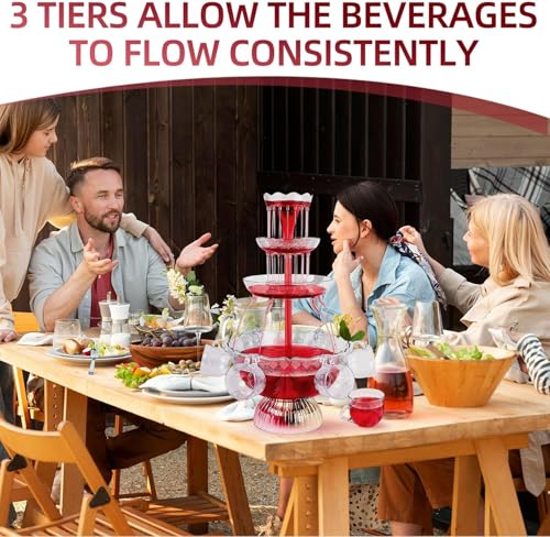 3-Tier Red Wine Fountain Machine with LED Base and 5 Cups Electric Champagne Fountain Drink Dispenser for Party Bar Weddin...