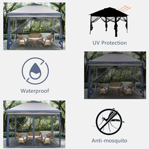 GDY 11x11 Pop Up Canopy Tent, Outdoor Canopy with Netting, Outdoor Gazebo for Backyard, Tent with Wheeled Cover Bag, Blue.