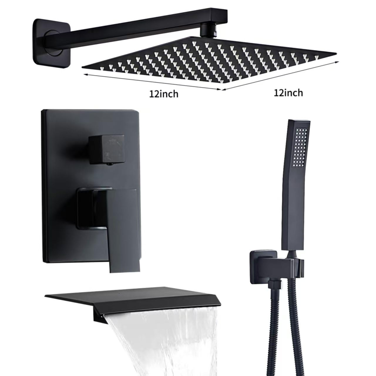 RTTWYYUU Matte Black Shower Faucet 12 Inch Set with Tub Spout, Shower Head and Handle with 2 Hooks Rain System Square Wall Mount for Bathroom