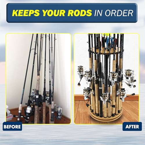 Rush Creek Creations 24-Rod Round Spinning Fishing Pole Holder with Built-in Line Spooler, 360° Access Fishing Rod Holder ...