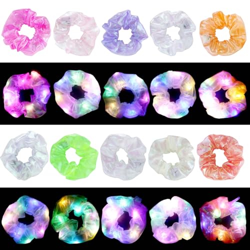 20PCS LED Scrunchies, Light up Hair Scrunchy, Women Luminous Hair Strands, Colorful Meteor Yarn Hair Bands with 3 Light Mo...
