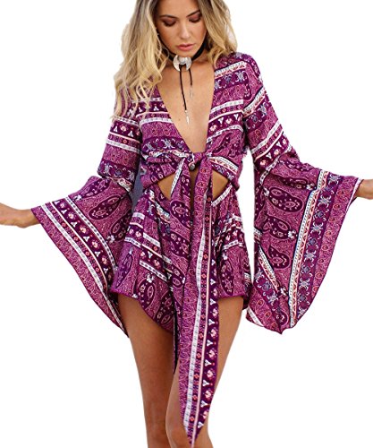 AELSON Women's Boho V Neck Print Romper Playsuit With Long Flare Sleeves