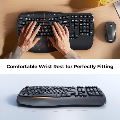 MEETION Ergonomic Keyboard and Mouse Wireless Combo, Wave Keys Natural Typing, 2.4G USB Receiver Wireless Keyboard with Wr...