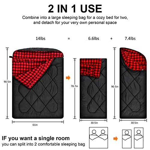 AGEMORE 0 Degree Double Sleeping Bag for Adults, Cotton Flannel Lined 2 Person Queen Size Warm Sleeping Bag for Family Win...