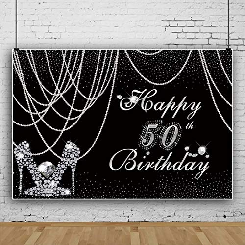 Women Happy 50th Birthday Black and Silver Backdrop for Photography 7x5ft Pearl Curtain Silver Diamond High Heels Sparkly ...