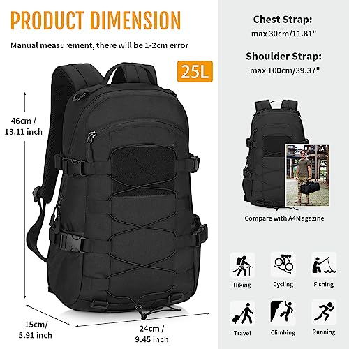 HUNTVP 25L Tactical Backpack Military Backpack MOLLE Bag Outdoor Hunting Rucksack Gear Assault Travel Daily Pack Bag(Black)
