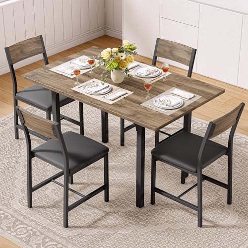 IRONCK 5-Piece Dining Table Set for 4, Extendable Kitchen Table Chairs Set of 4, Dining Room Table with 4 Upholstered Chai...