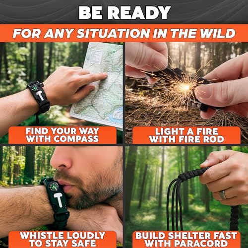 2Pack Survival Paracord Bracelet – 5-in-1 Adjustable Tactical Bracelet for Men with 10 ft Paracord, Flint Fire Starter, Co...