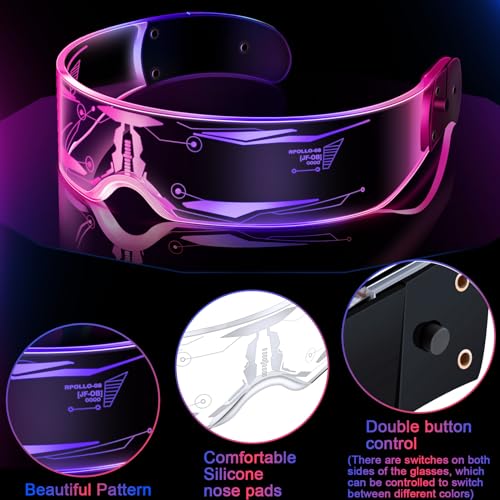TOODOO 2 Pairs LED Visor Glasses 7 Colors Futuristic Glasses Light up Punk Accessories for Rave Party Costume