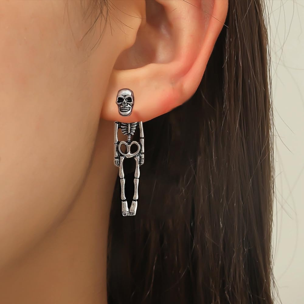 Halloween Gothic Skeleton Unique Earrings Punk Human Skull Funny Earrings Ghost Groom Bride Front Back Stud Earrings for Women