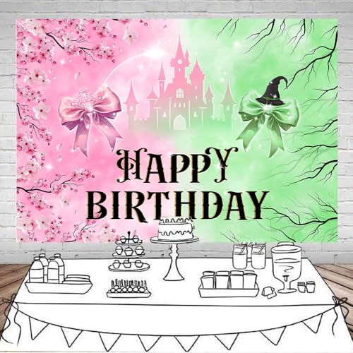 Mocsicka Pink and Green Birthday Backdrop Decorations Witch Happy Birthday Banner Supplies for Princess Girls Women Castle...