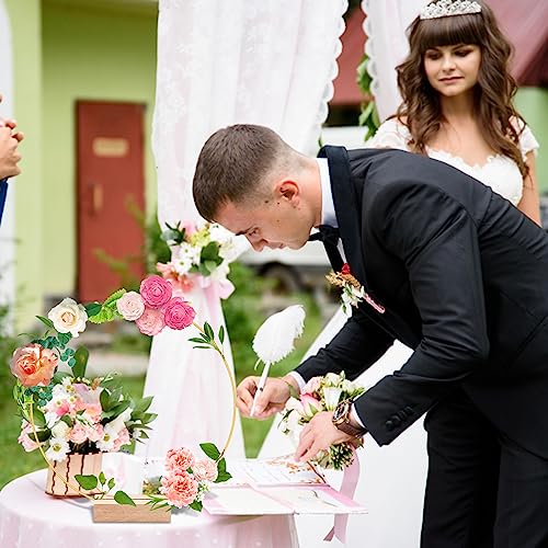 trophable 15Pcs 12 Inch Metal Floral Hoop Centerpiece with 15 PCS Wood Place Card Holders and Adjustable Foot Pads, Gold W...