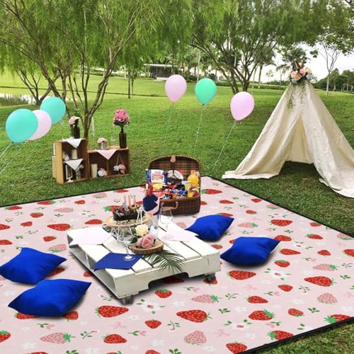 qwpmvhsak Strawberry Bow Picnic Blankets Waterproof Foldable, 60’‘x80'' Portable Outdoor Picnic Mat Water Resistant for Gr...