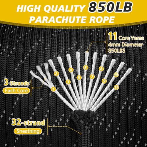 Thadavo Reflective Paracord Rope 850Ib, 50/100/200/500/1000ft 4MM 11 Strand para Cords Lanyard Utility Parachute Cord for ...