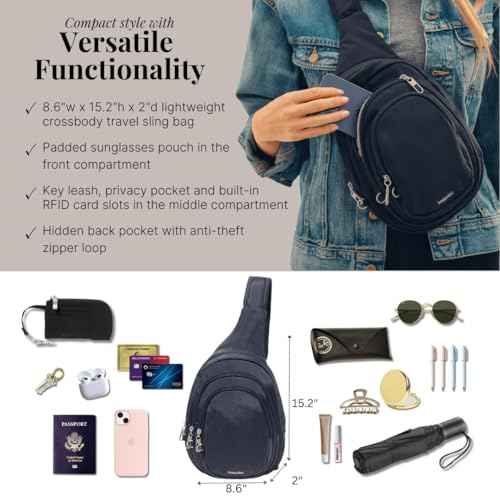 Baggallini Securtex¢ç Anti-Theft Triple Zip Sling - Travel Backpack Sling Bag Crossbody - RFID Wallet Locking Zipper