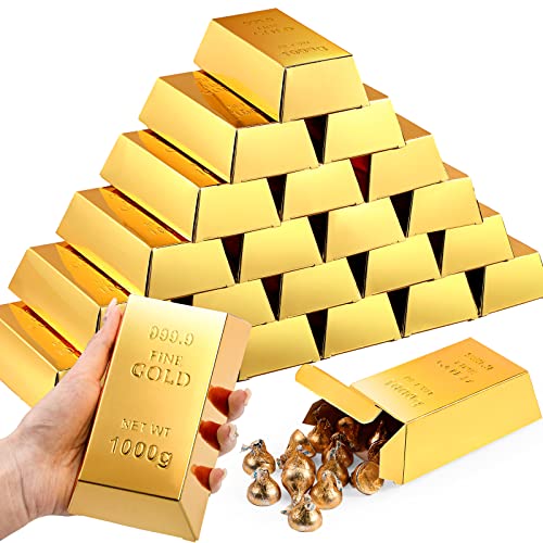 Honoson 24 Pcs Gold Bar Fake Gift Box Foil Gold Bar Party Favor Boxes Paper Golden Favor Boxes Treasure Brick for Pirate C...