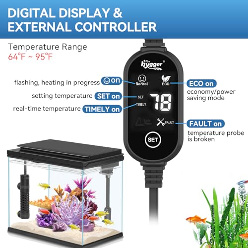 hygger Ceramic Submersible Aquarium Heater, New Explosion-Proof Fish Tank Water Heater with External Temp Controller Auto ...