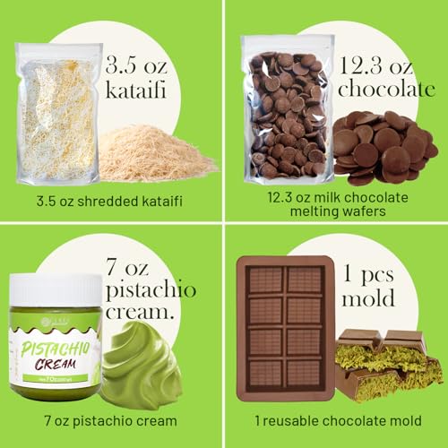 Dubai Chocolate Bar DIY Kit – Includes Mold, 12.3 oz Melting Wafers, 3.5 oz Kataifi, 7 oz Pistachio Spread – Gift Kit for ...