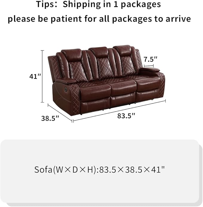 Toseslo Power Leather Recliner Sofa Set with LED Light, Brown Leather Sectional Sofa Set, Living Room Furniture Sets, Modern Power Reclining Sets with Storage Console for Living Room