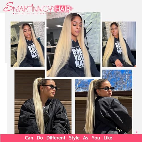 Ombre Blonde Human Hair Wig 13x4 HD Transparent Lace Front 150% Density with Dark Roots #1B613 for Women 18 Inch Pre Plucked Undetectable Melted Lace Frontal Wigs Ombre Blonde Bleached Knots Wigs