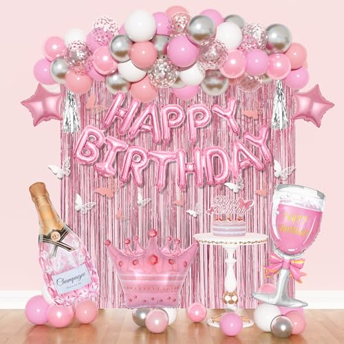 Amandir Pink Birthday Decorations for Women Girls, Silver Pink Confetti Foil Balloons Happy Birthday Banner Butterfly Frin...