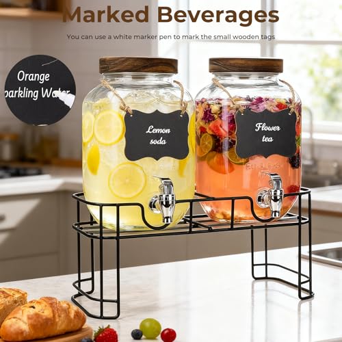1 Gallon Drink Dispenser with Stand,2 Pcs Clear Glass Beverage Dispenser with Spigot, 2 pcs Wood Lid and Wooden Hangtags f...